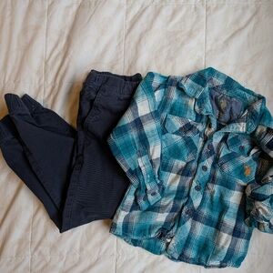 Boys Size 4 Outfit With Plaid Button Down Shirt And Blue Chinos